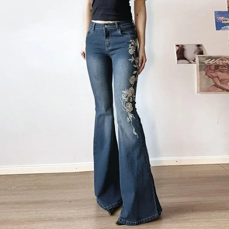 Retro Floral Flared Denim Pants