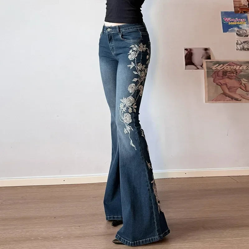 Retro Floral Flared Denim Pants
