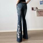 Retro Floral Flared Denim Pants