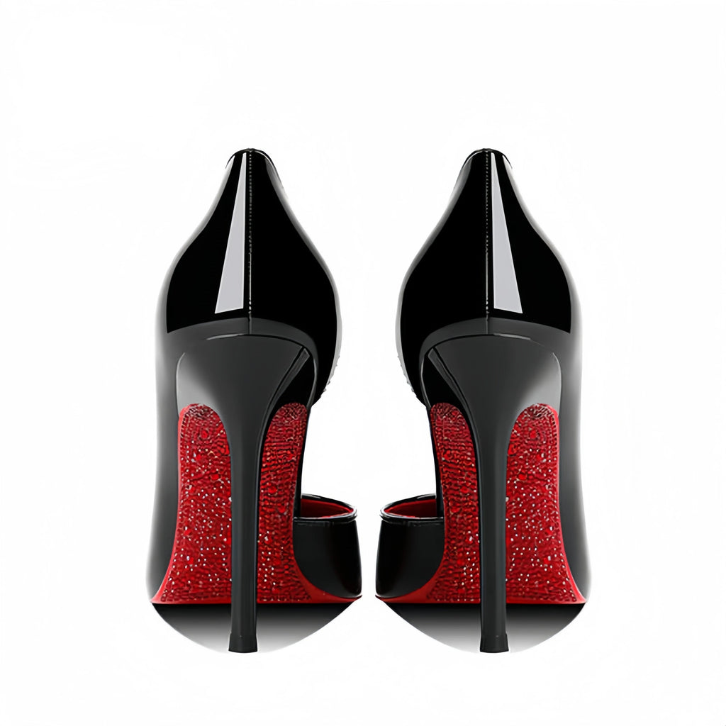High-heeled shoes with rhinestone soles.