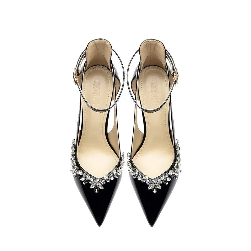 High-heeled pointed-toe sandals with rhinestones