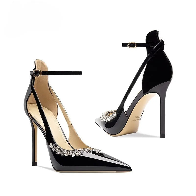 High-heeled pointed-toe sandals with rhinestones