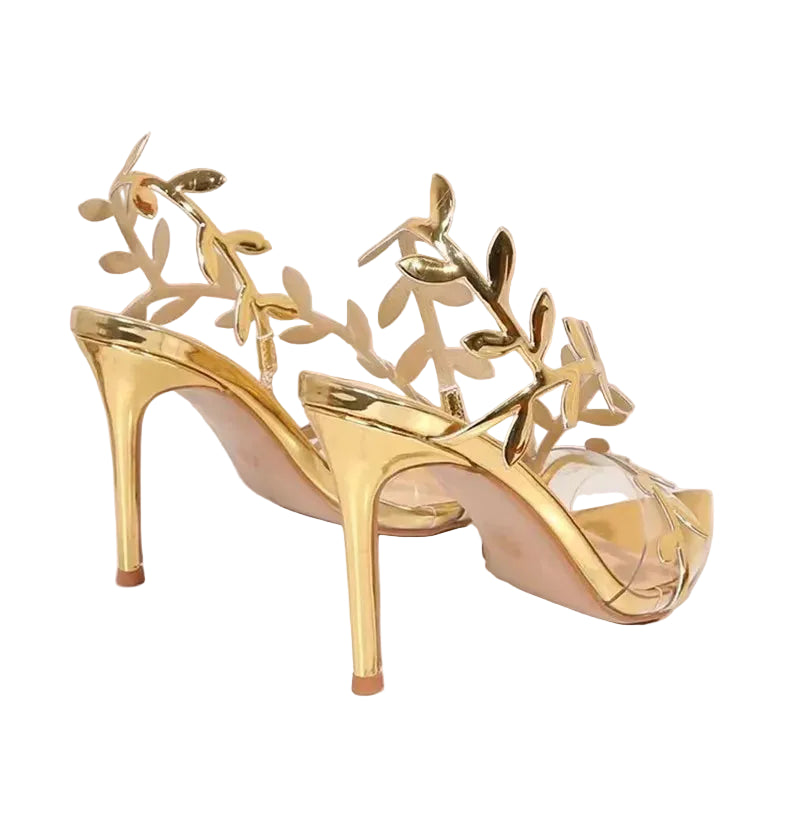 Gold branch sandals with stiletto heels