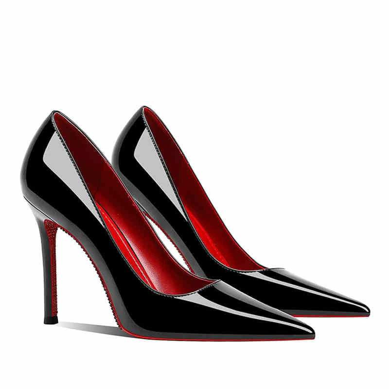 High-heeled shoes with rhinestone soles.