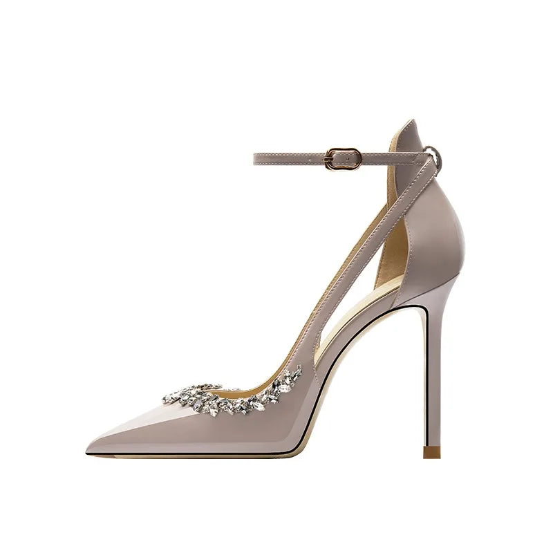 High-heeled pointed-toe sandals with rhinestones