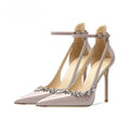 High-heeled pointed-toe sandals with rhinestones