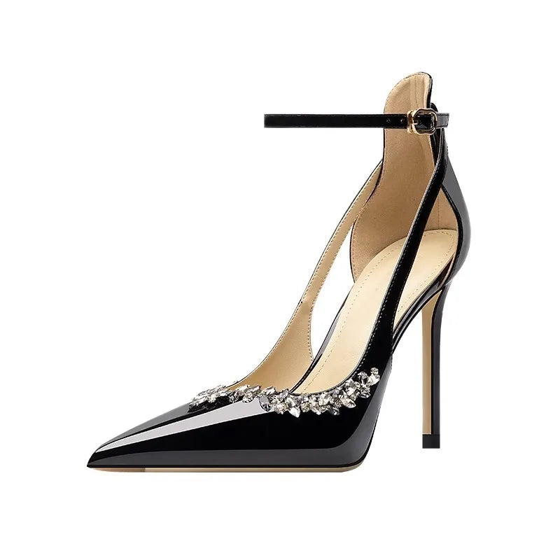 High-heeled pointed-toe sandals with rhinestones